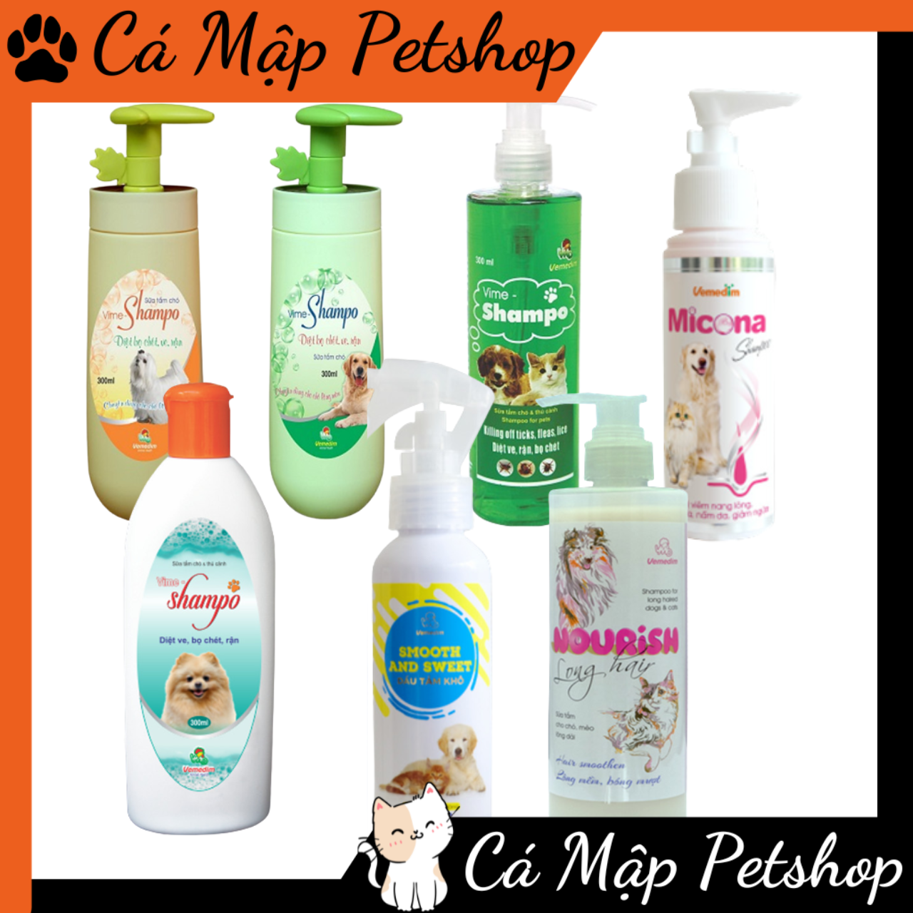 Sữa tắm trị ve, rận, bọ chét cho chó mèo, Sữa tắm trị nấm, viêm da cho chó mèo Vimedim nhiều loại