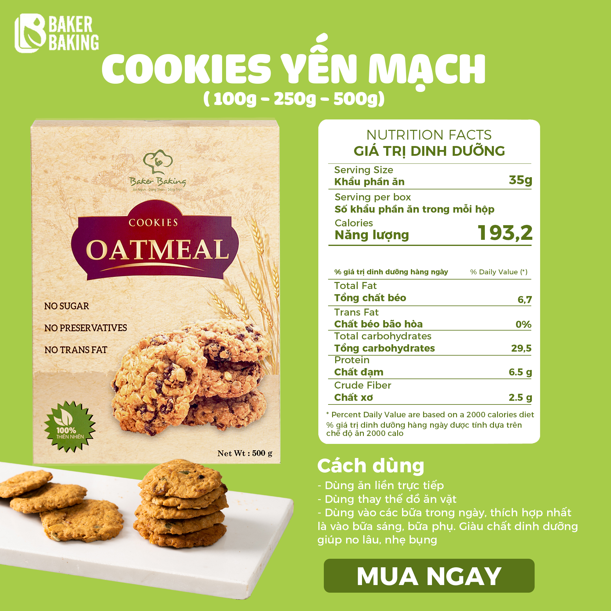 Bánh Cookies Yến mạch Chocolate Chip BakerBaking - Healthy, Eat clean ăn kiêng giảm cân