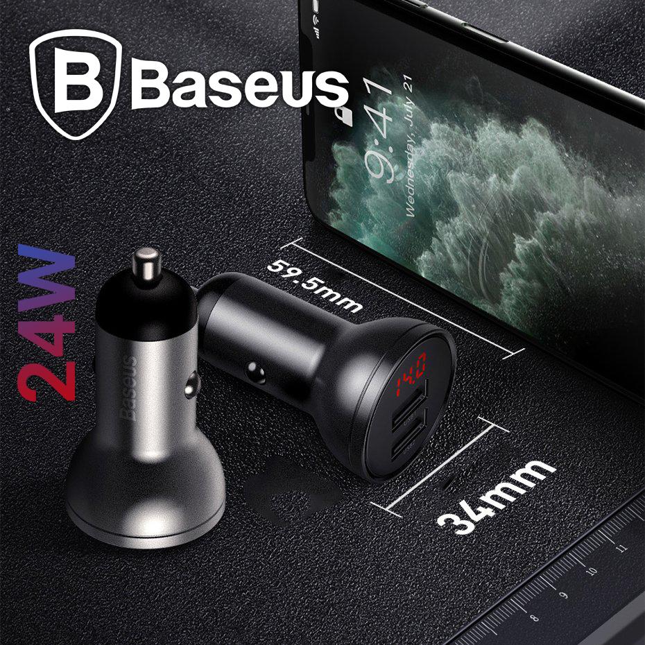 Tẩu sạc ô tô Baseus Digital Dispaly Car Charger Dual USB 4.8A 24W được trang bị 2 cổng sạc nhanh USB 2.4A công suất lên đến 24W, tích hợp màn hình LED báo dòng điện,