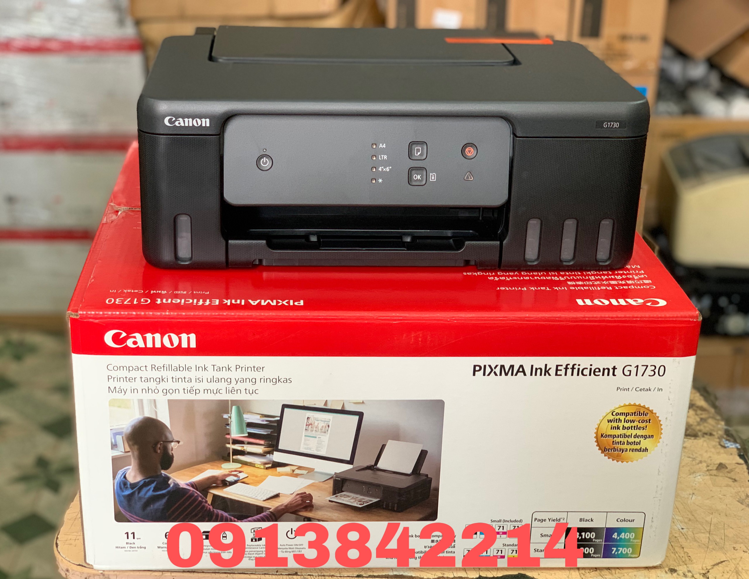 Máy in phun màu Canon G1730/thay G1010 đời mới 2023 sử dụng 4 bình mực chính hãng canon in 7000 màu 6000 trang đen trắng