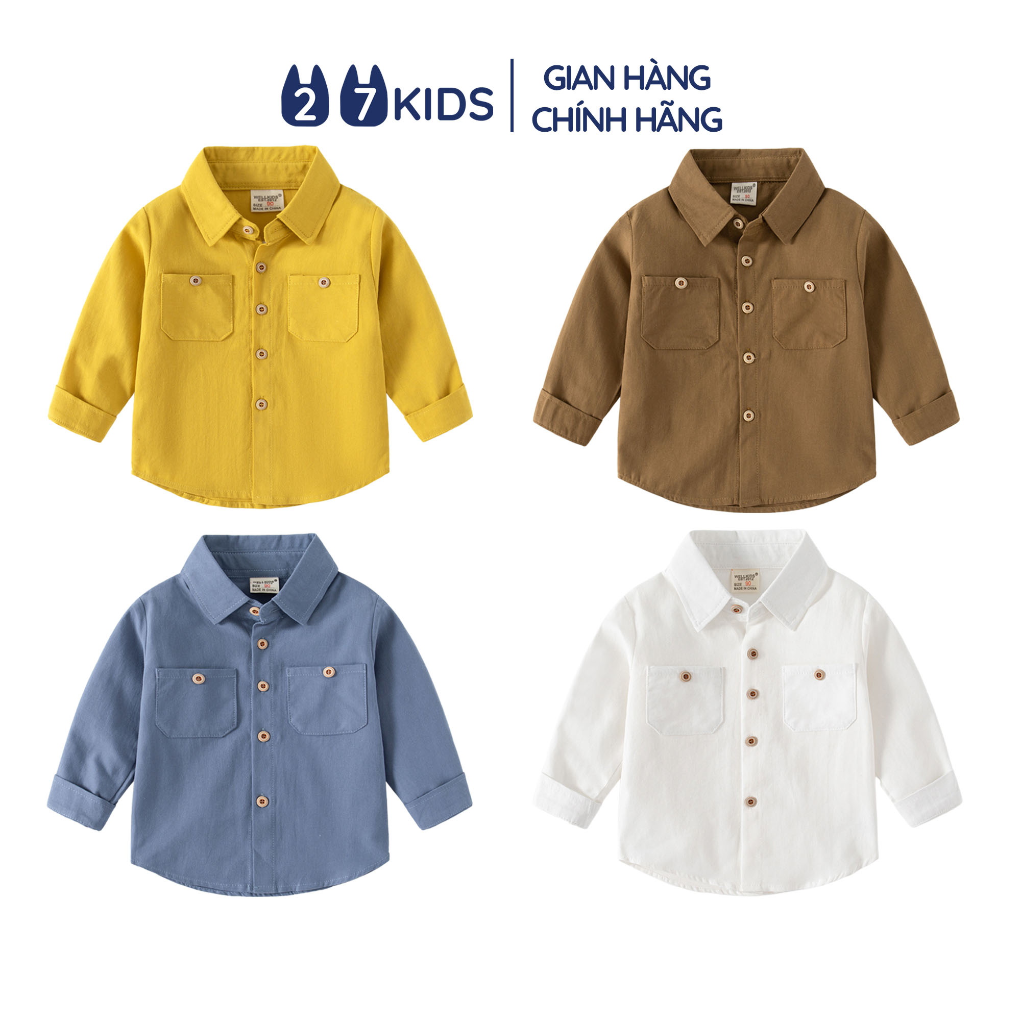 Áo sơ mi bé trai dài tay 27Kids WELLKIDS áo cổ bẻ đơn sắc vải mềm đi học nam cho trẻ từ 2-8 tuổi BLSH1