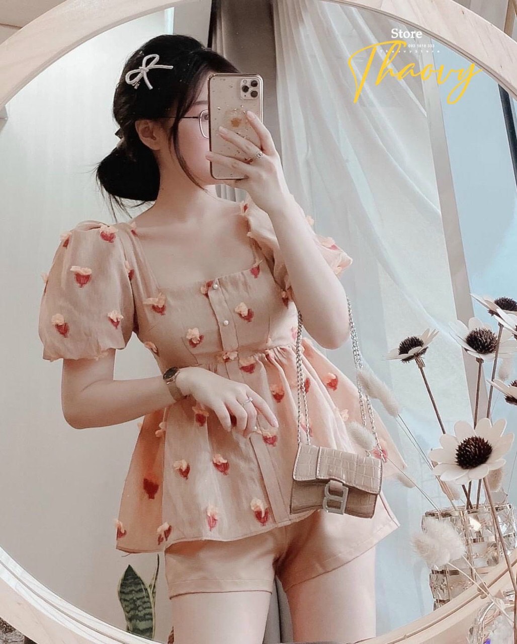 Set áo babydoll họa tiết thêu nổi + Ảnh thật video