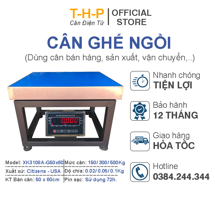 Cân ghế điện tử xk3108a 100kg/ 150kg/ 200kg/ 300kg/ 500kg, kt mặt bàn inox 50x60cm, đầu chỉ thị inox chống nước, khung cân thép sơn tĩnh điện, hiển thị số led đỏ, pin sạc sử dụng 72h
