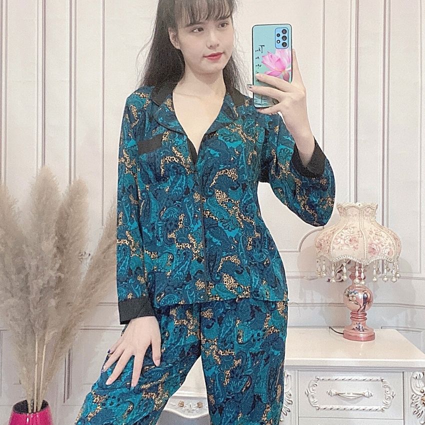 Bộ mặc nhà pijama lụa cổ phối mai ngô xanh hoạ tiết xht01 + hoahanasleepwear + freeship