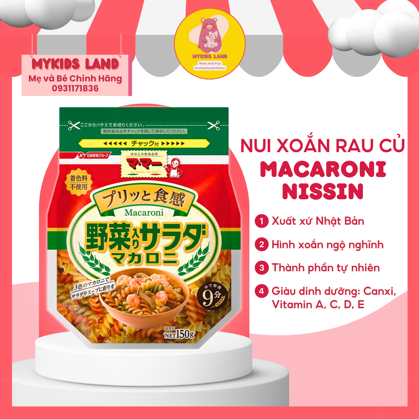 Nui xoắn rau củ macaroni nissin nhật bản bịch 150g cho bé từ 9m+
