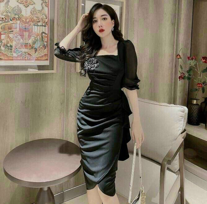 Đầm Váy Nữ Cổ Vuông Phối Tay Voan Cài Bông Xếp Ly Hông ( Xanh, Đen, Đỏ ) Thiết Kế Sang Chảnh Đi Làm Công Sở, Đi Chơi Du Lịch Cực Xinh Đẹp Beta Fashion, Free Size (40-55) Ký Mặc Vừa Nha