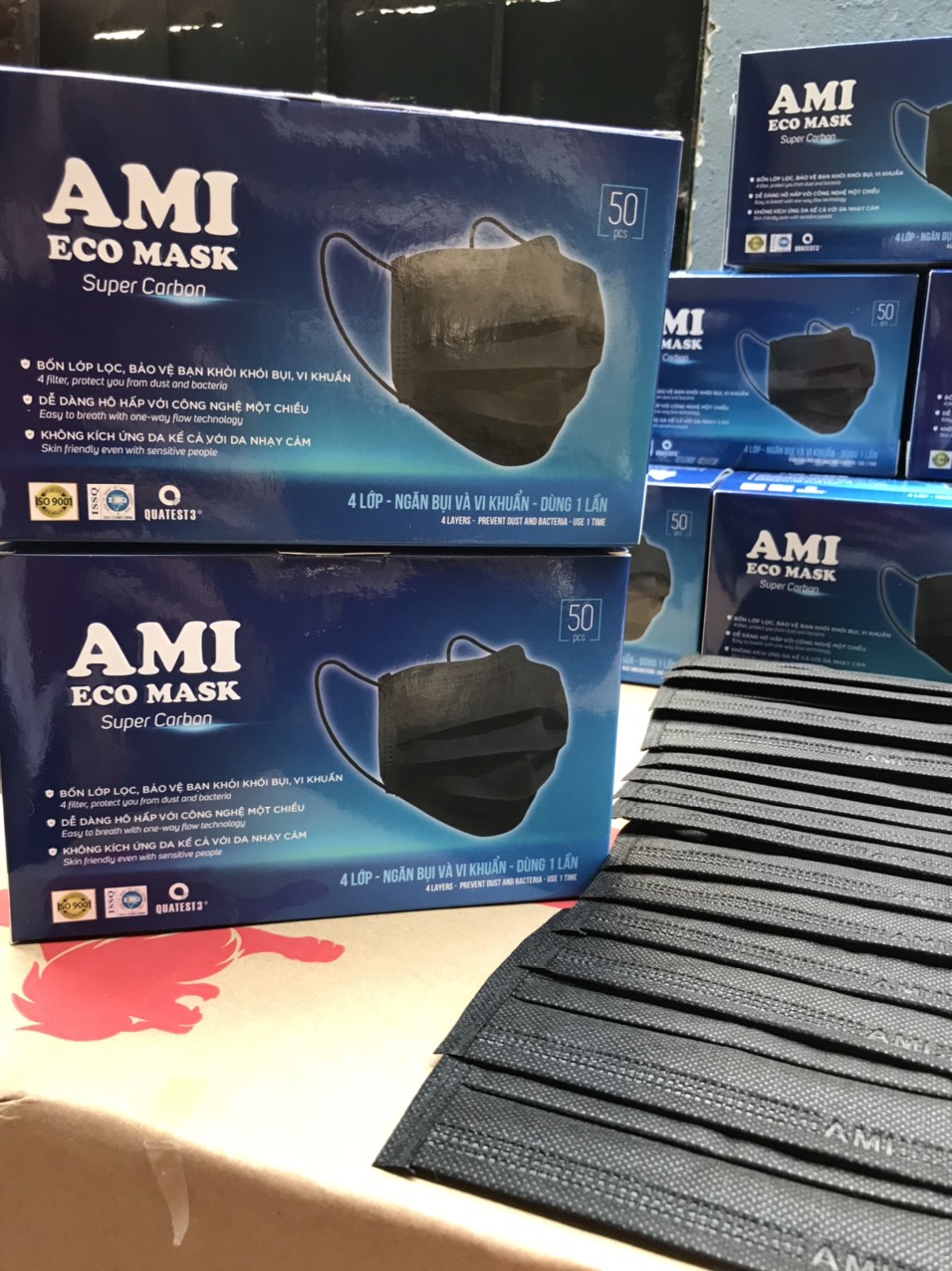2 hộp 50 chiếc Xanh] Khẩu trang y tế AMI 4 lớp than hoạt tính kháng khuẩn ngừa dịch chống thấm nước lọc bụi