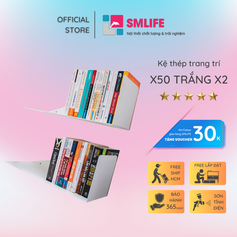 Kệ sách treo tường SMLIFE X50 (Set 2) - Kệ treo tường bằng thép dày 1,6mm - Sơn tĩnh điện màu Trắng/ Đen hiện đại - Tặng kèm bộ ốc vít và đầu bịt ốc