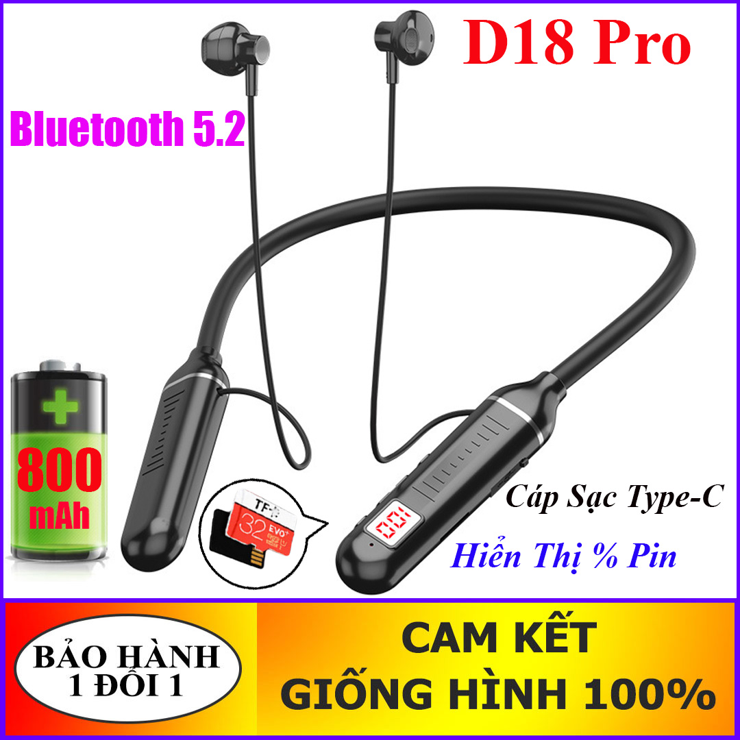 Tai Nghe Thể Thao Bluetooth 5.2 PIN TRÂU D18 Pro Có Màn Hình Hiển Thị % Pin - HÀNG NHẬP ( Có hỗ trợ Khe thẻ nhớ 32GB)
