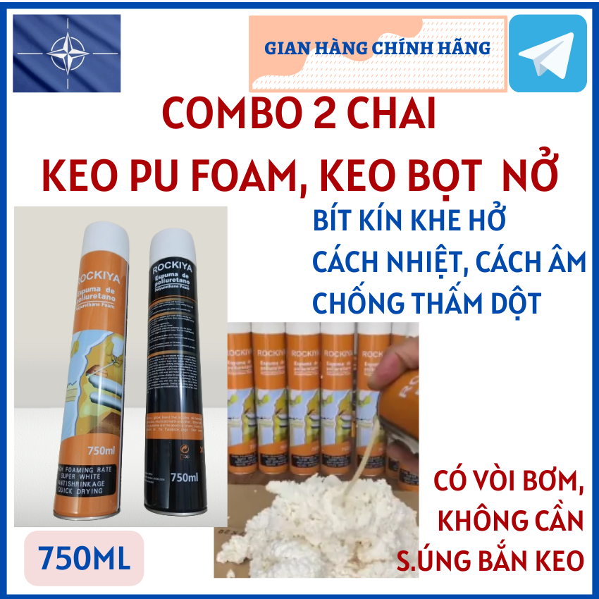   COMBO 2 Chai x 750ml  Chai Xịt PU Foam Keo Bọt Nở Bịt Kín Lổ Cách Âm Cách Nhiệt Chống Thấm Rockiya Fanxifoam Apollo Xtraseal  1500ml  