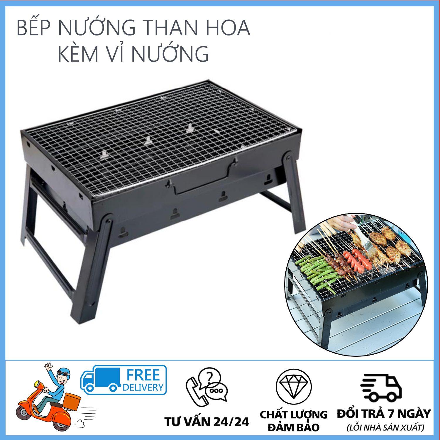 Bếp nướng than hoa - Bếp nướng than chống khói kèm Vỉ nướng Hình chữ nhật - Bếp nướng than , bếp nướng than hoa gấp gọn , bếp nướng than chống khói , bếp nướng bbq ngoài trời