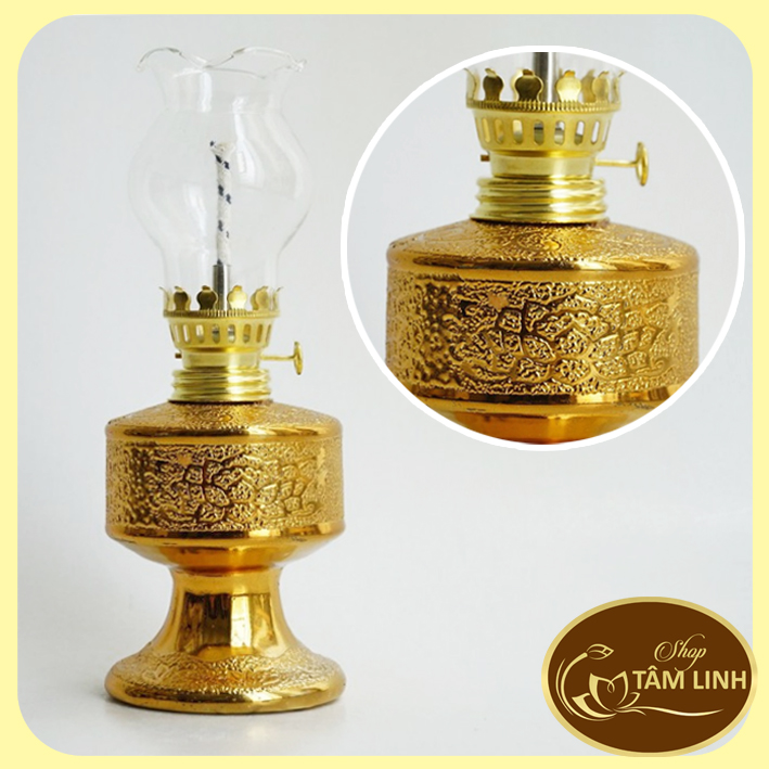 Đèn dầu thờ cúng truyền thống chân cao kim sa vàng - Cao 18cm