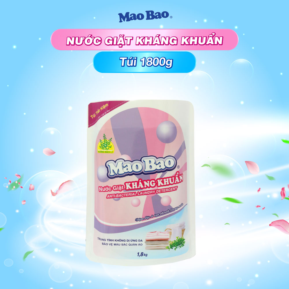 Nước giặt kháng khuẩn Mao Bao túi 1800g Hương hoa bách lý  hương hoa bách lý khử mùi, dễ giặt xả, dành cho da nhạy cảm