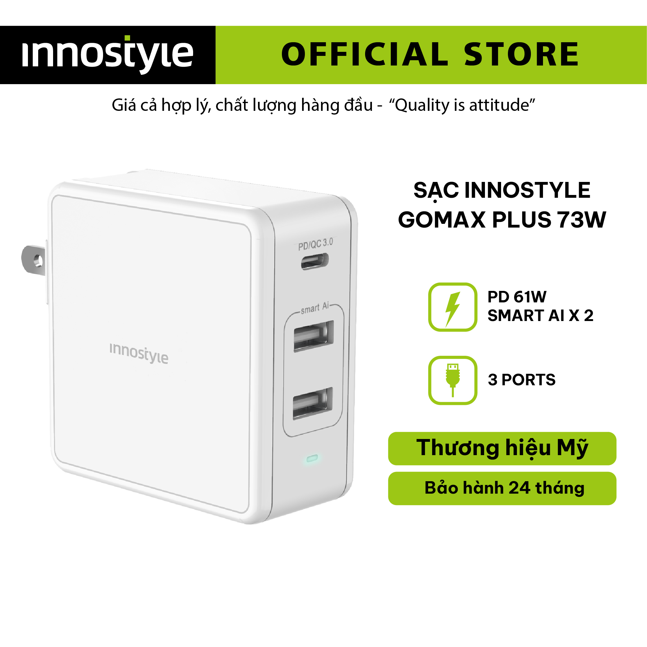 Cục sạc nhanh đa cổng innostyle gomax plus 73w sạc được 3 thiết bị cùng lúc thiết kế nhỏ gọn dễ mang theo an toàn khi sử dụng