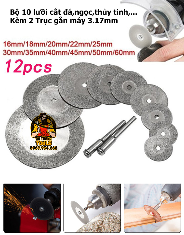 Bộ 10 Lưỡi Cắt Mini Đa Năng Đường Kính 16-60mm Kèm 2 Trục Gắn Máy - Chuyên Cắt Ngọc,Đá,Thủy Tinh,Gỗ,Nhựa,...