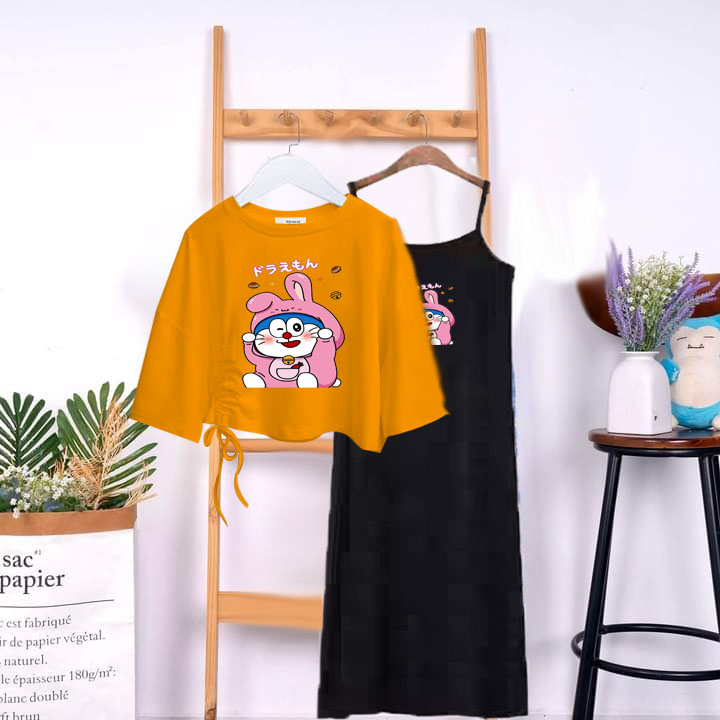 Sét 2 món áo crt rút dây dore thỏ hồng kèm váy 2 dây (dài đến gối) chất cotton đủ size 9 đến 65kg SHOP TỜI TRANG TEEN