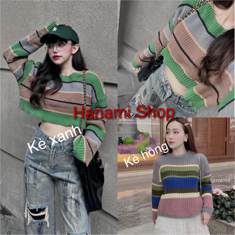Áo len xanh kẻ croptop cực chất hàng quảng châu
