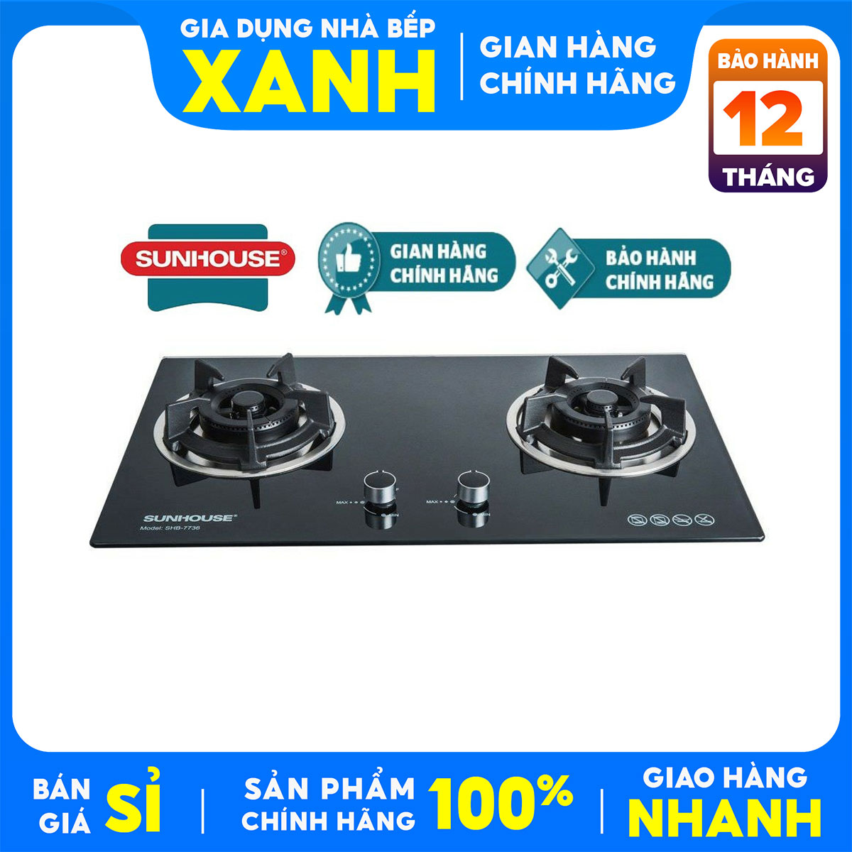 Bếp gas âm đôi Sunhouse SHB7736 Mới 100%+Tặng Dây gas,Tiện ích:Đầu hâm, Ngắt ga tự động -BH 24 tháng