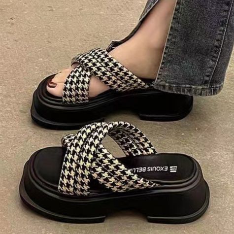 BW Dép Xăng Đan Cao Gót Đế Dày Bánh Xốp Dép Lê Houndstooth Cao Cấp Kiểu Pháp Dễ Phối Đồ Đi Chơi Mùa Hè Cho Nữ