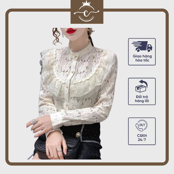 Sp39 áo ren cổ bèo áo sơ mi cổ tàu bánh bèo chất ren pháp mềm mịn siêu xinh