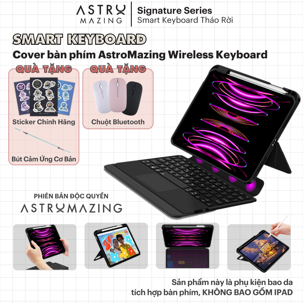 Cover bàn phím astromazing wireless keyboard cho ipad pro 11 12.9 2018 2020 2021 2022 m1 m2 10.2 mini 6