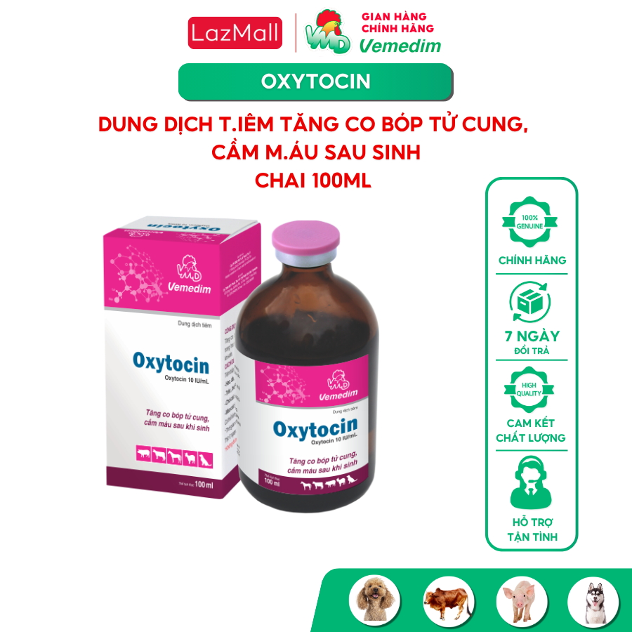 Vemedim Oxytocin dung dịch tiêm giúp tăng co bóp tử cung và cầm m-áu sau sinh cho chó, mèo cái và gia súc, chai 100ml