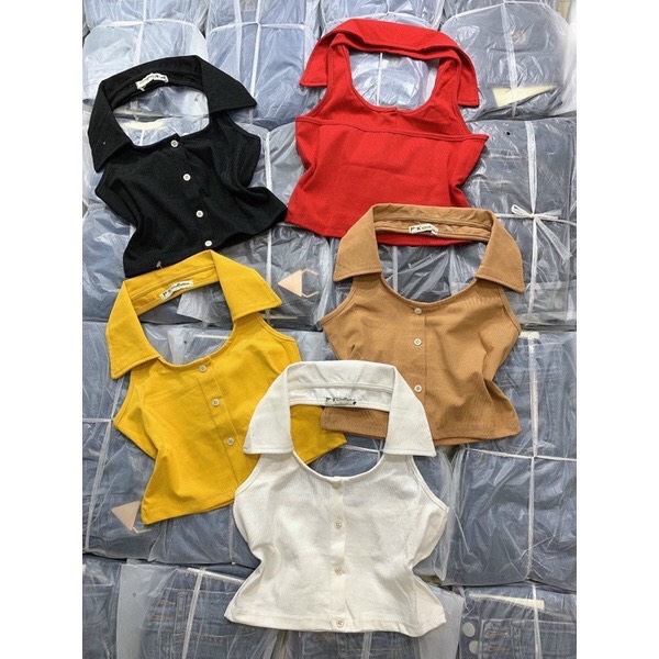Aó croptop cổ yếm phối cúc , chất vải thun gân