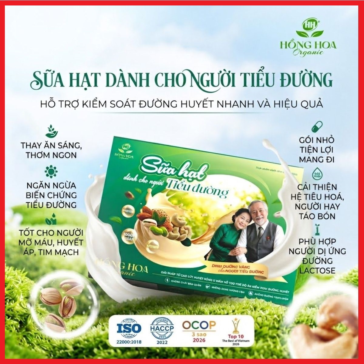 Sữa hạt dành cho người Tiểu Đường Hồng Hoa Organic 36gói/900g –Hỗ trợ kiểm soát Đường huyết, Hữu Cơ, Thuần chay, không hương liệu, không chất bảo quản