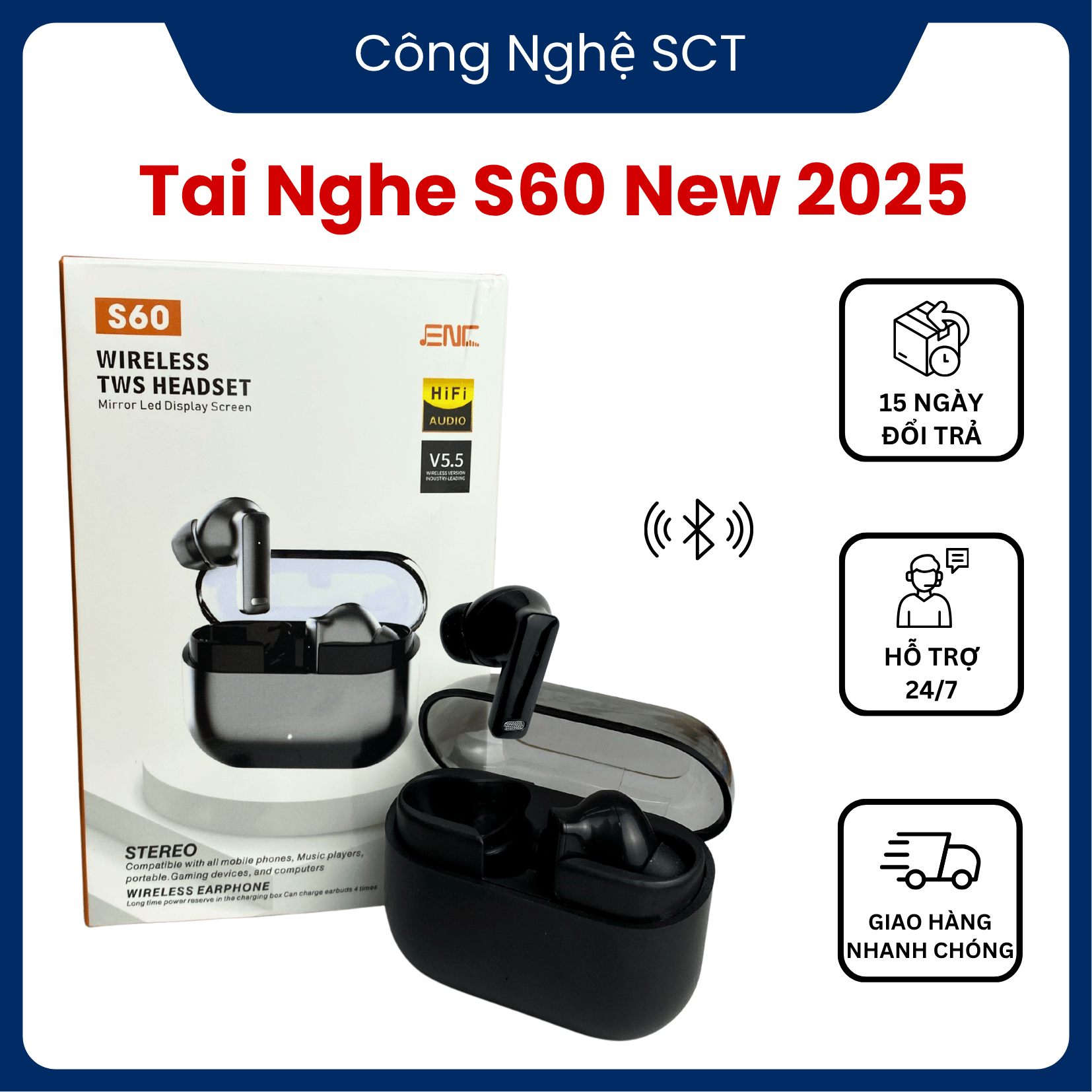 Tai Nghe Bluetooth Mini Nhét Tai S60 Kết Nối Siêu Nhanh, Âm Rõ Cực Đã, Nhỏ Gọn, Pin Trâu
