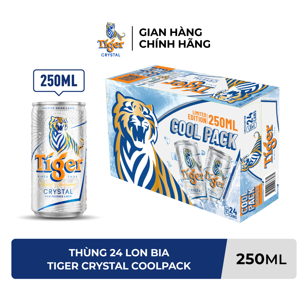 Thùng 24 lon bia Tiger Crystal Coolpack 250ml/lon