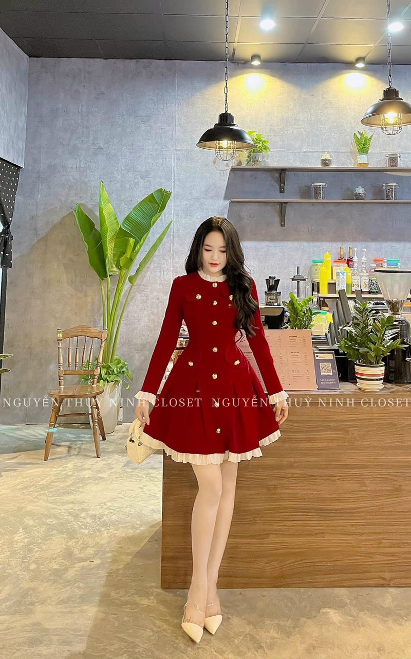 Váy đầm nữ kiểu áo tay dài xòe tùng xếp ly