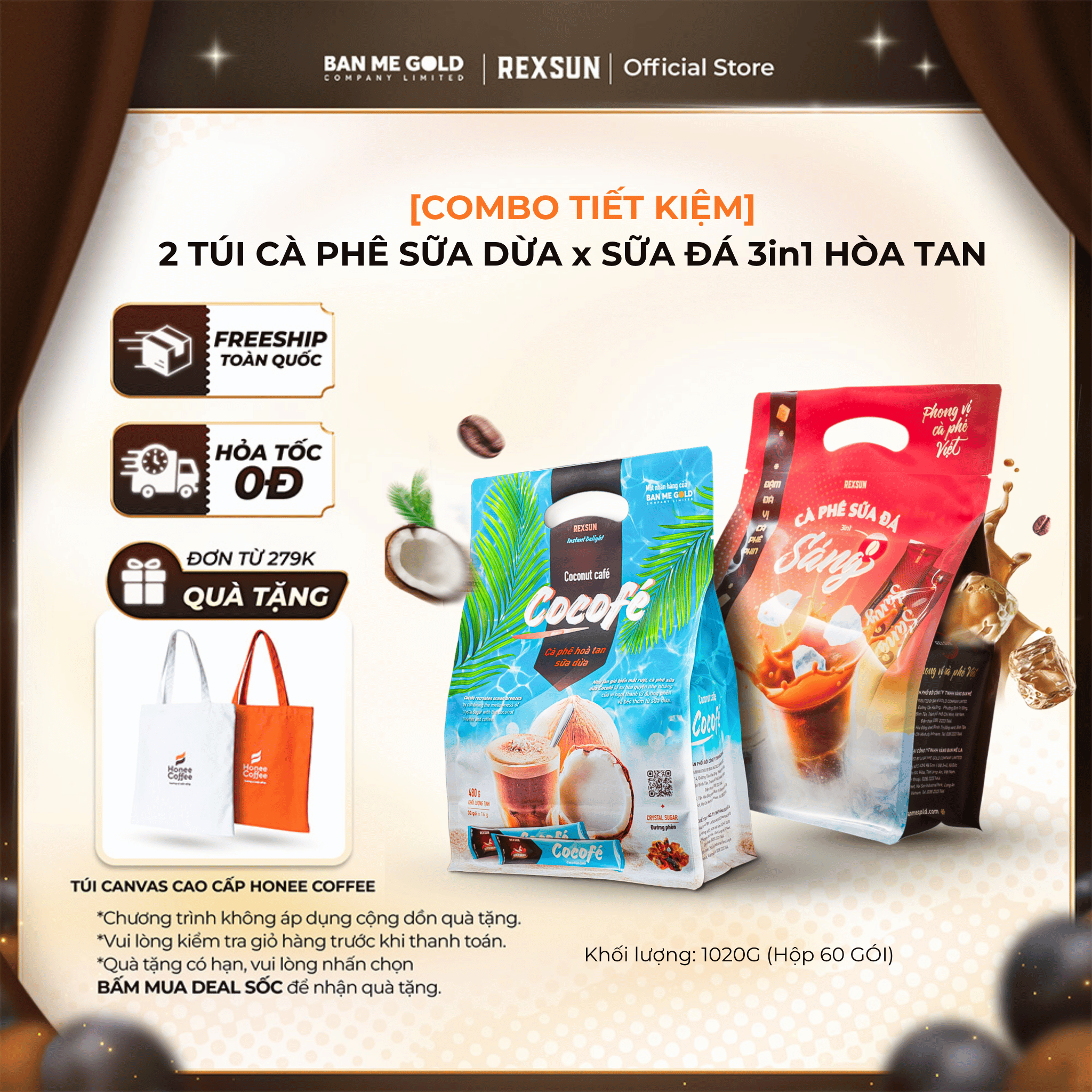 COMBO TIẾT KIỆM 2 Túi Cà Phê Hòa Tan Sữa Dừa Cocofé Cafe Sữa Đá 3in1 Tiện Lợi 60 Gói REXSUN - Ban Me Gold