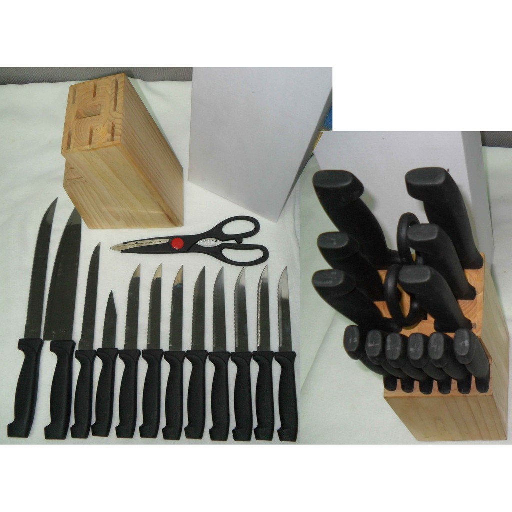 Bộ dao nhà bếp dao răng cưa rọc bánh mì, ăn beafsteak gồm 13 món có kéo và giá gỗ. DK13
