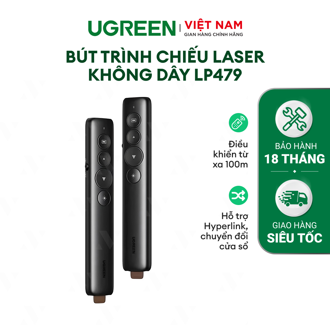 Bút trình chiếu Laser Không dây UGREEN LP479 | Điều khiển từ xa 100m | Hỗ trợ Hyperlink, chuyển đổi cửa sổ | BH 18 Tháng 1 Đổi 1 | 50654