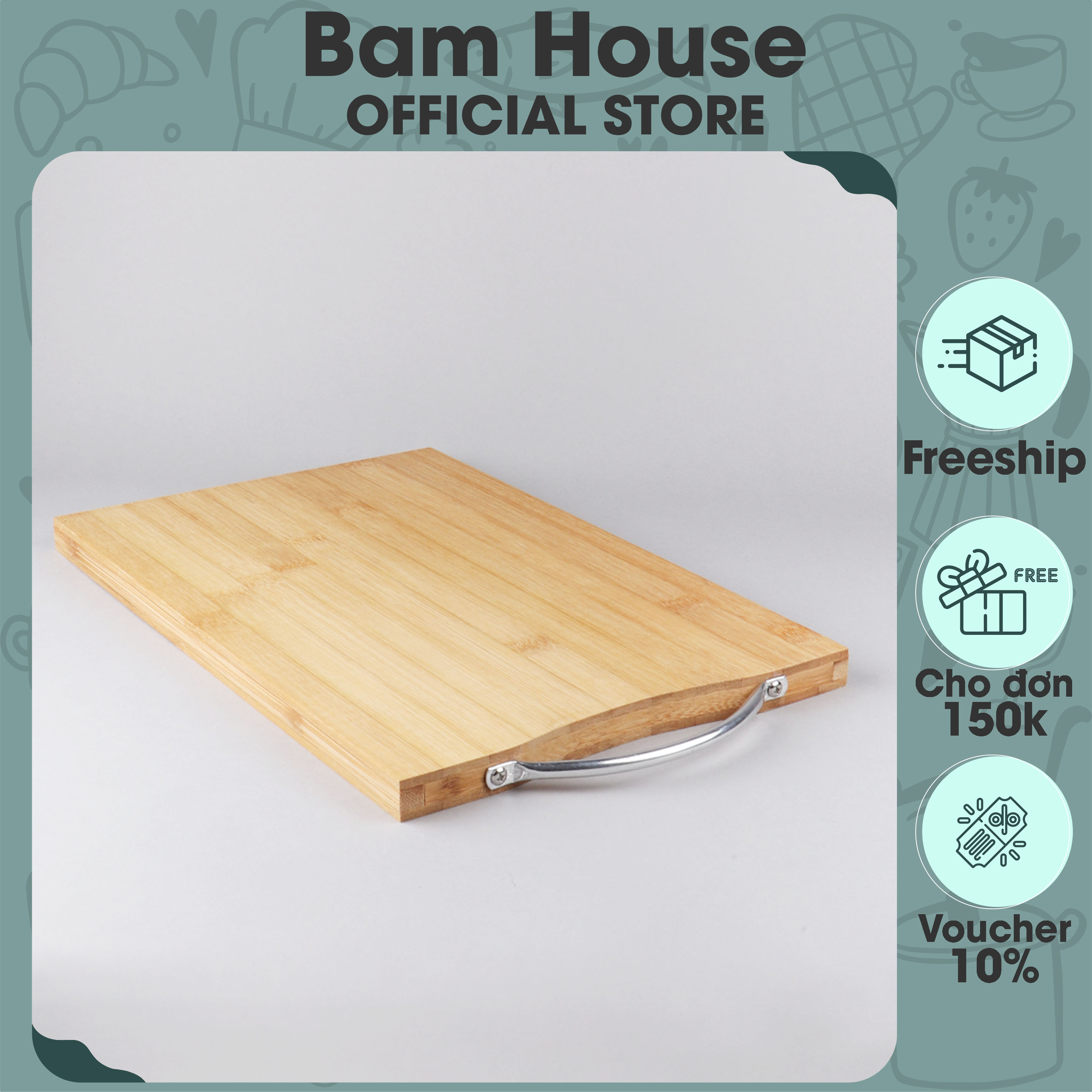 Thớt gỗ tre Bam House loại dày kích thước lớn 20x30cm có tay cầm inox cao cấp TGT01 - Gia dụng bếp