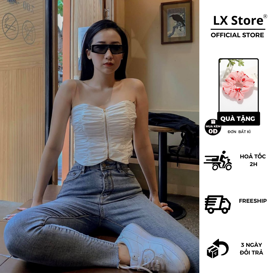 [HCM]Áo Ống Nhún Thân Dây Kéo Đồng (TRẮNG)