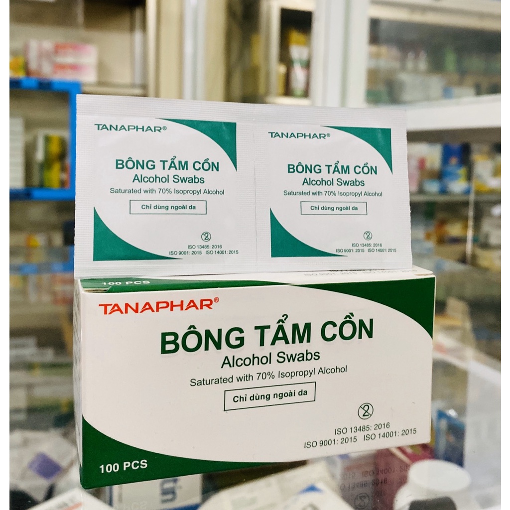 Bông tẩm cồn tanaphar hộp 100 miếng gạc bông tẩm cồn y tế tiệt trùng sát trùng