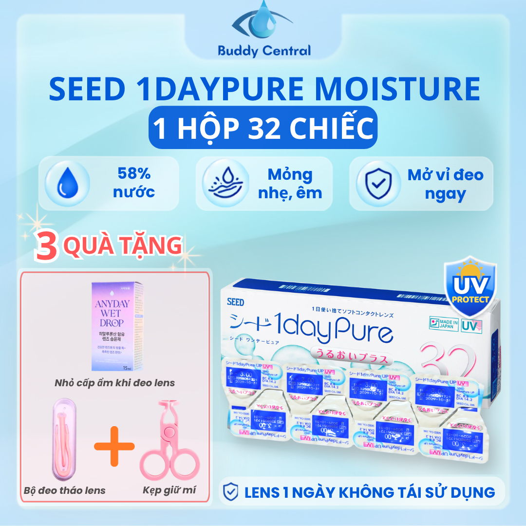 (Hộp 32 chiêc) Kính áp tròng SEED 1 ngày 1 day Pure moisture không màu độ cận từ -0.50 đến -12.00 - Buddy Central
