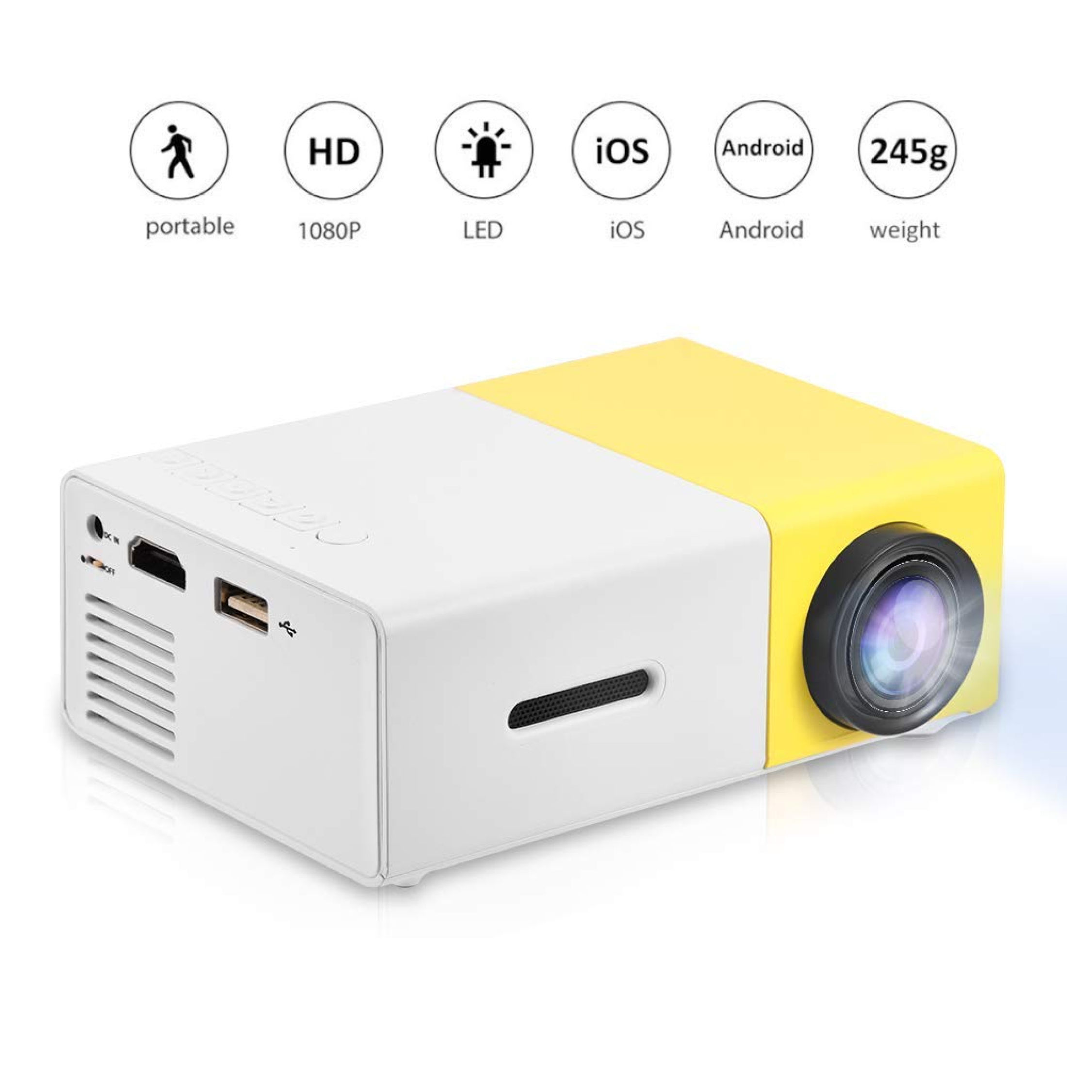 Máy chiếu mini Máy chiếu LED cầm tay Máy chiếu phim video di động Máy chiếu có cổng HDMI USB TF Card AV Thích hợp cho gia đình Phòng ngủ Phòng khách Máy chiếu để bàn nhỏ