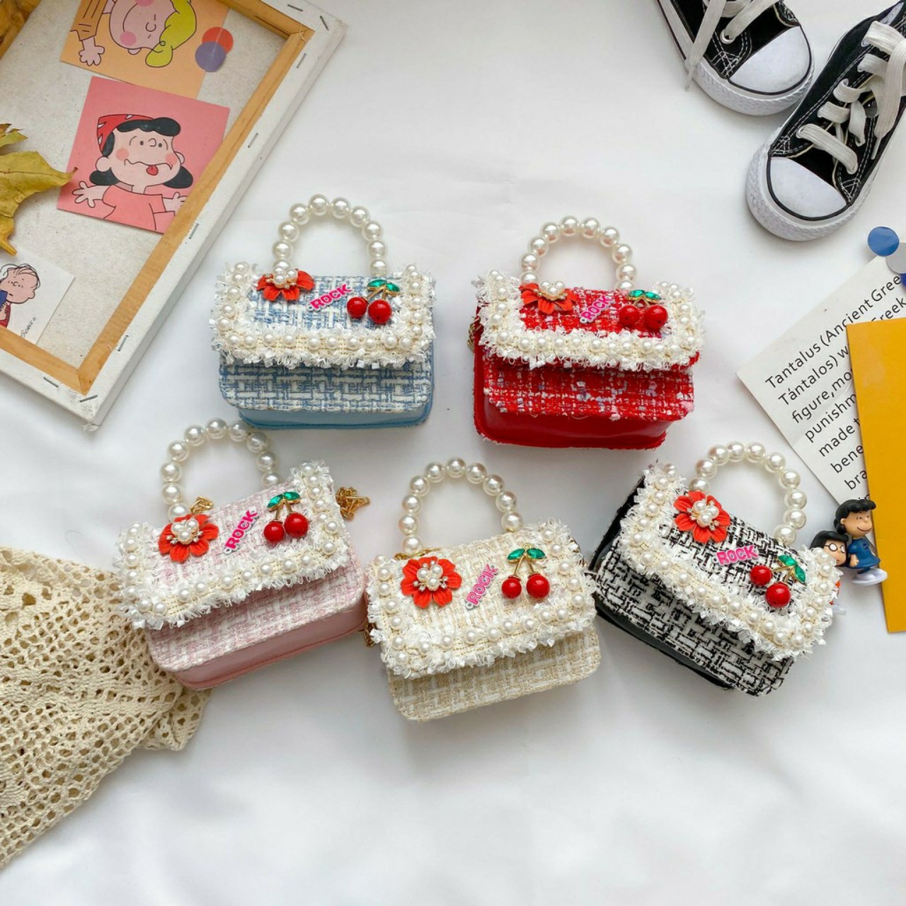 Túi xách quai ngọc trai hoa quả cao cấp cho bé gái