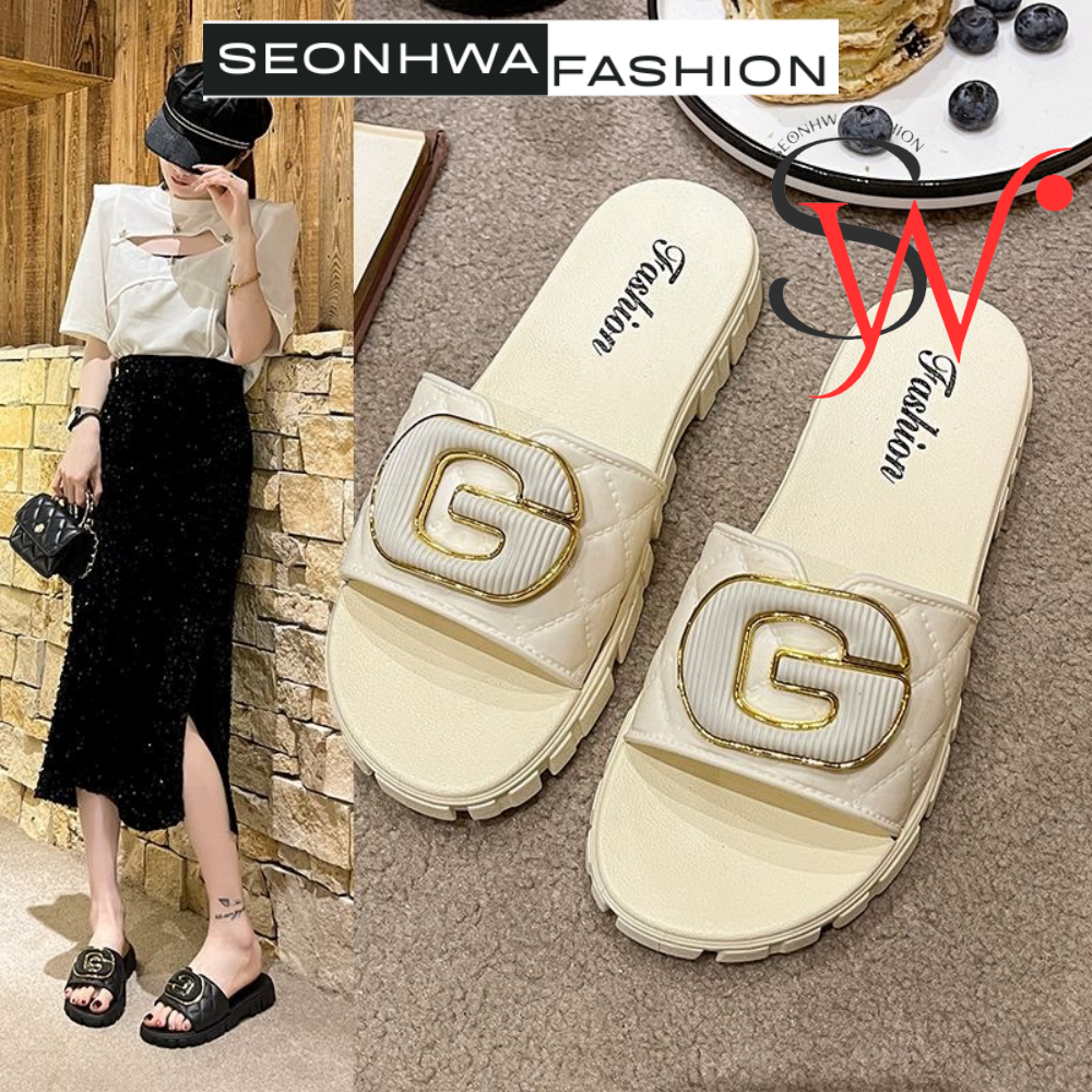 Dép sandal nữ quai ngang chữ G phong cách SEONHWA cao 3cm thời trang sang chảnh hiện đại G2389