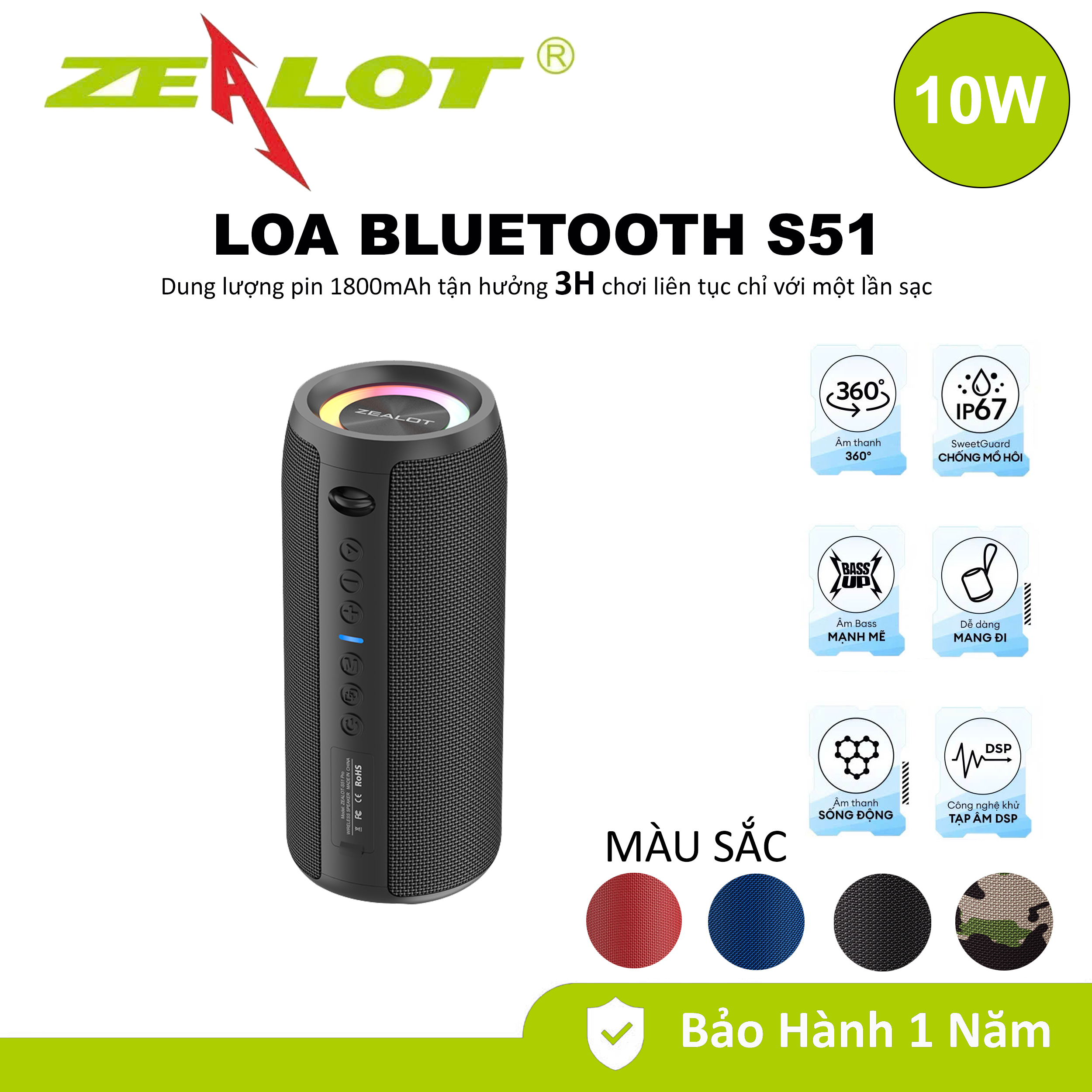 Loa bluetooth di động Zealot S51 USB Player Chống nước IPX6 Loa không dây Bluetooth ngoài trời chất lượng siêu tốt - Hàng chính hãng