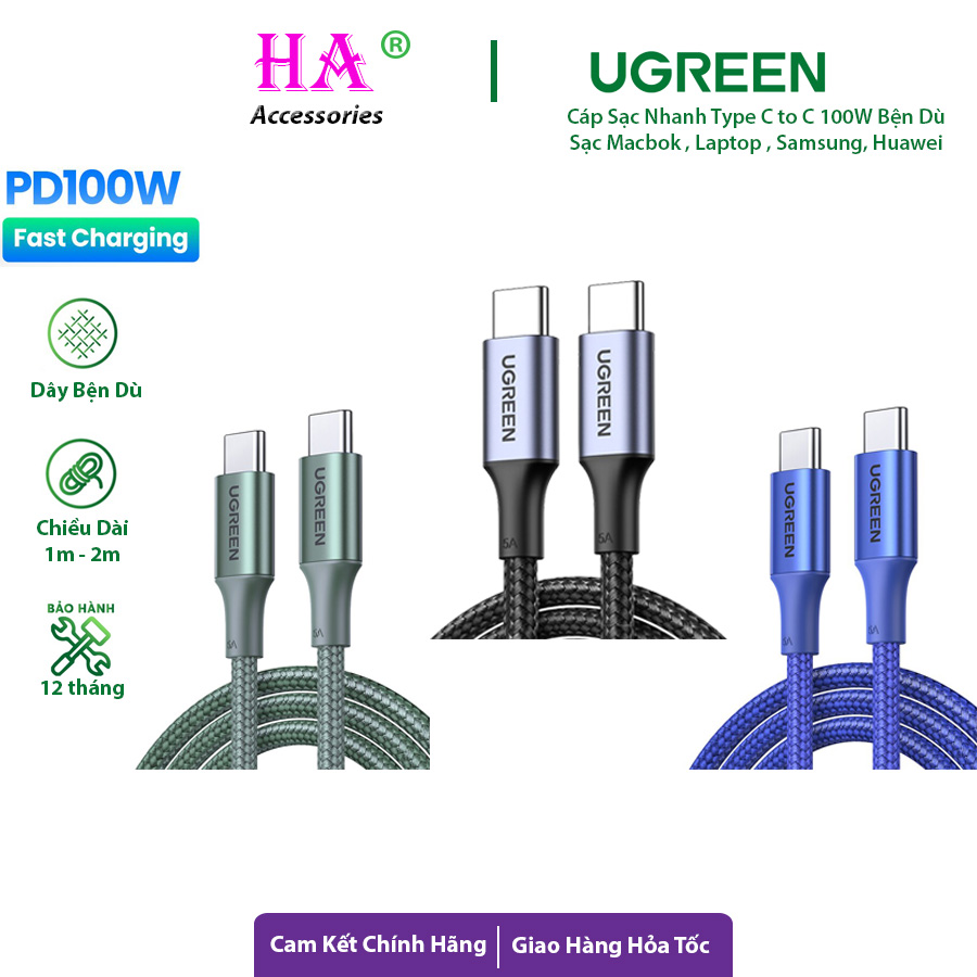 Cáp sạc ugreen c to c 100w pd sạc nhanh ipad, laptop, macbook, samsung, xiaomi...