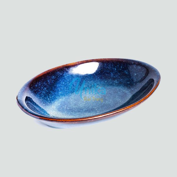 Đĩa Bầu Dục Men Xanh Hoả Biến - Size 23x15 - Gốm Sứ Cao Cấp Bát Tràng