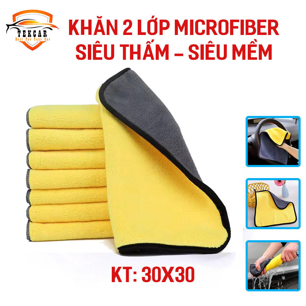 Khăn lau xe ô tô 30x30 siêu thấm chuyên dụng 2 lớp microfiber bền bỉ, khăn vải 3m không đổ lông lau xe oto , xe hơi, xe máy lau đa năng hai mặt , thấm hút cực tốt, lau kính, lau ô tô, lau mặt bàn, lau bếp
