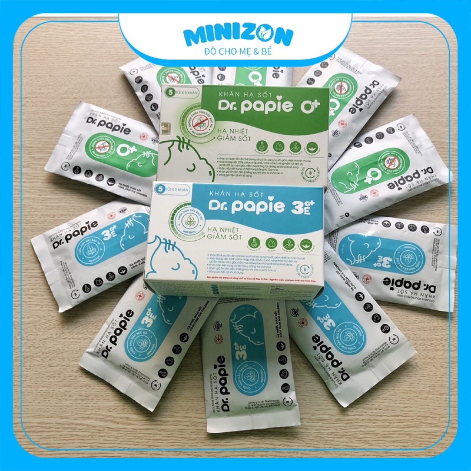 Khăn lau hạ sốt dr papie cho bé, hạ nhiệt giảm sốt hộp 25 tơ` | minizon kids