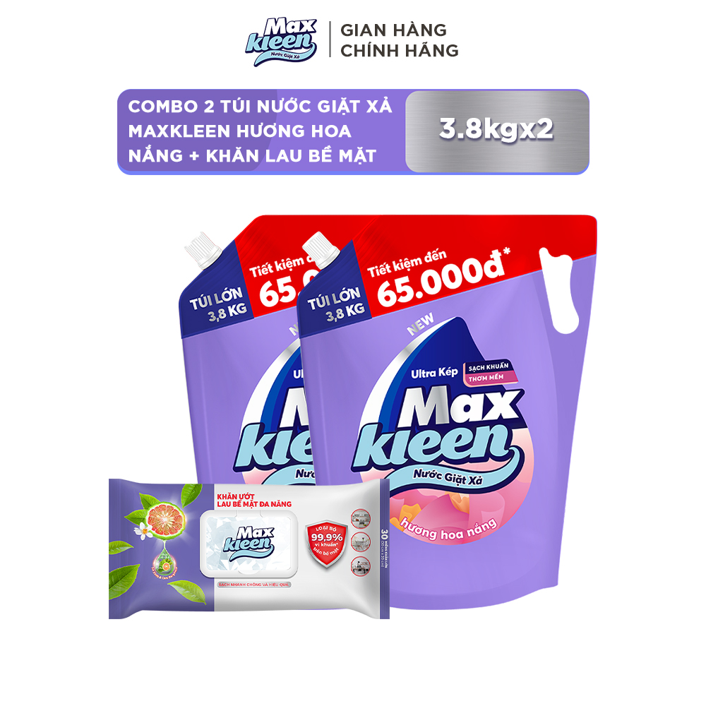 Combo 2 Túi Nước Giặt Xả MaxKleen hương Hoa Nắng (3.8kg/túi) + Lau Bề Mặt Đa Năng