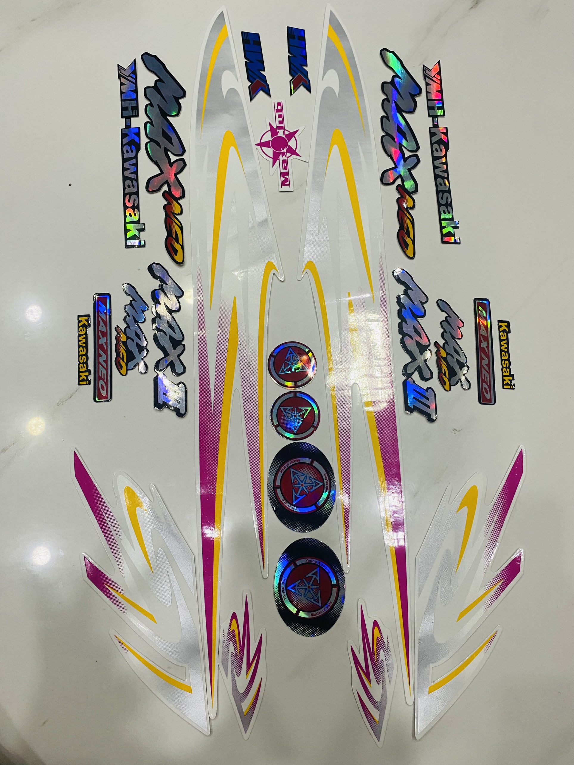 Nguyên bộ tem rời 3 lớp zin thái dán xe máy Kawasaki Max 3 Max III Max neo màu trắng hồng lấp lánh