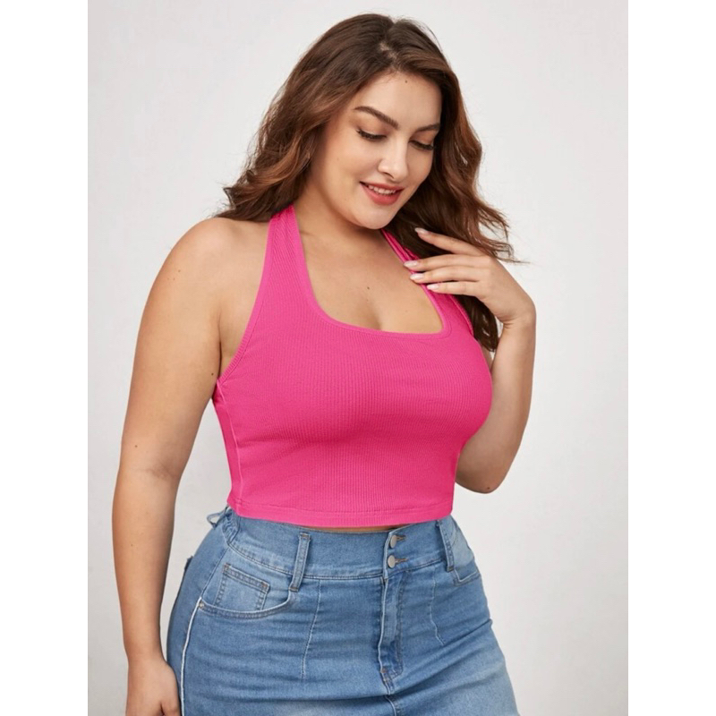 Ams3 áo croptop tròng cổ hở lưng thun gân