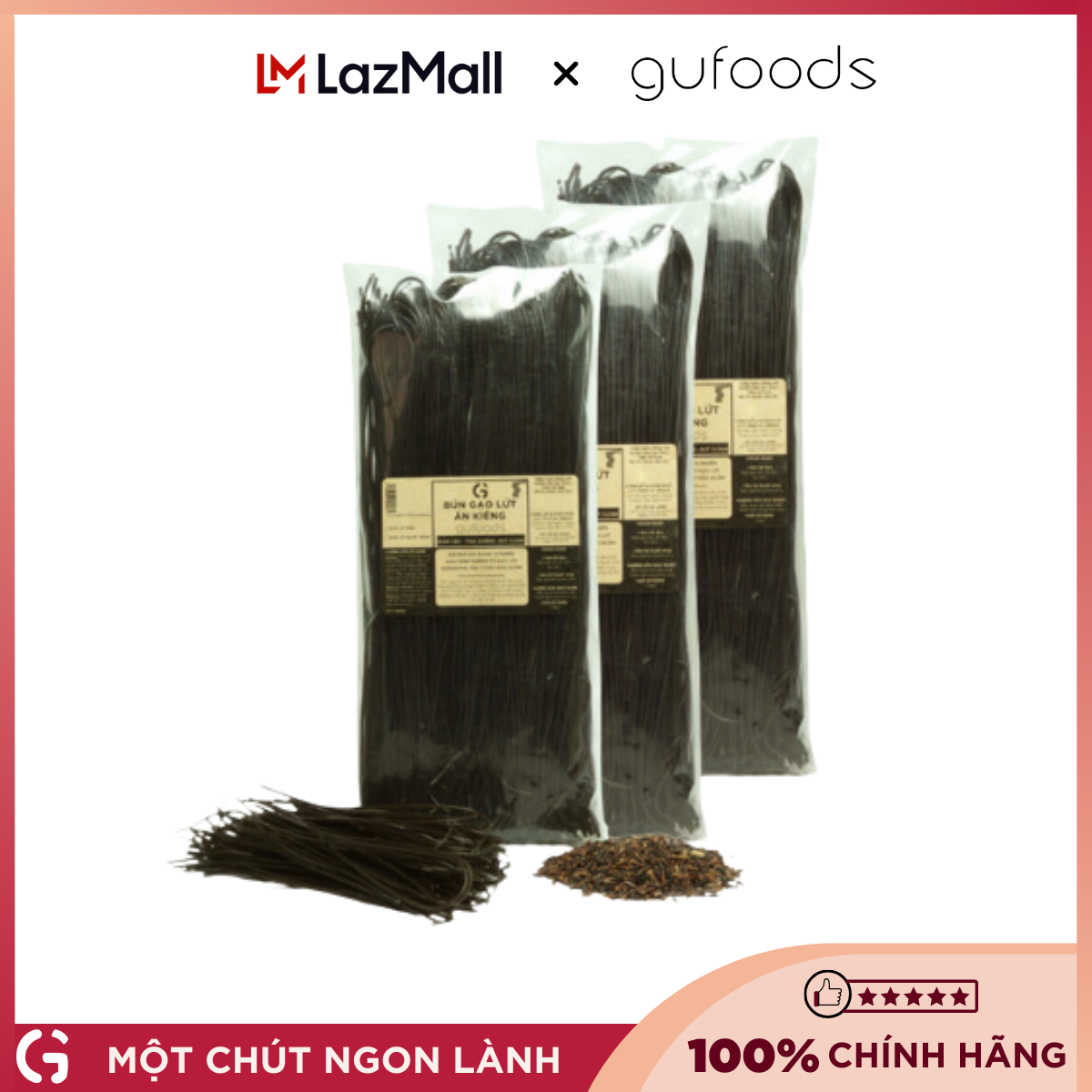 Combo 3 túi Bún Gạo lứt Ăn kiêng GUfoods (mỗi túi 500g) - Dai ngon, Kết hợp đa dạng món, Eat clean, Thực dưỡng, Thuần chay